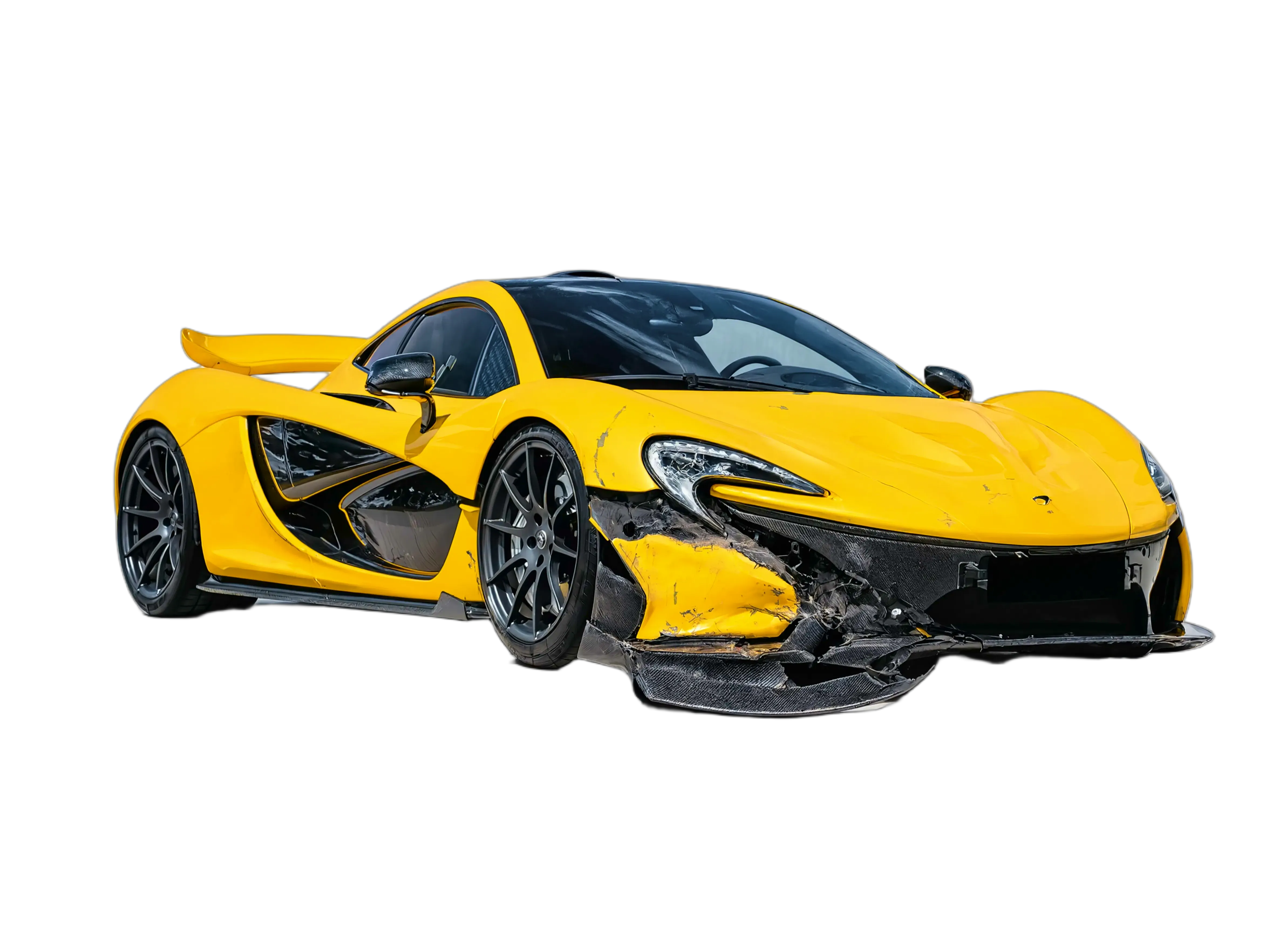 Yellow McLaren with front-end collision damage — we buy broken and accident-damaged supercars